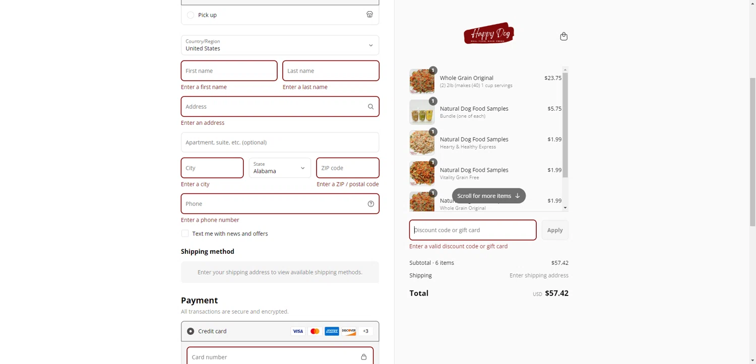 Happy Dog Food promo code screenshot showing code RESTOREMYCART applied at Happy Dog Food checkout page. Uploaded by SimplyCodes community member PromoAdmiral6652 on Aug 3, 2025