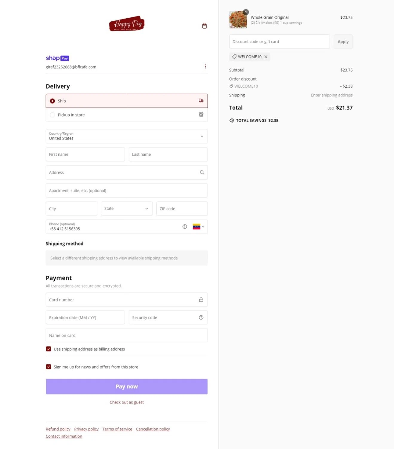 Happy Dog Food promo code screenshot showing code WELCOME10 applied at Happy Dog Food checkout page. Uploaded by SimplyCodes community member Tragedy on Feb 3, 2025