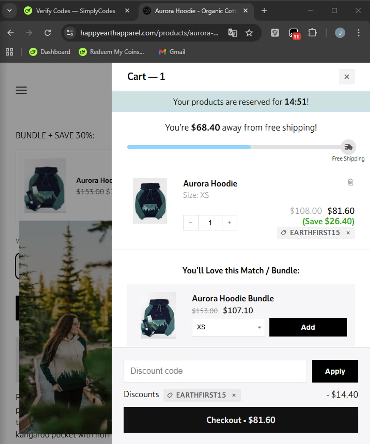 Happy Earth Apparel promo code screenshot showing code EARTHFIRST15 applied at Happy Earth Apparel checkout page. Uploaded by SimplyCodes community member MarkGrayson on Oct 18, 2025