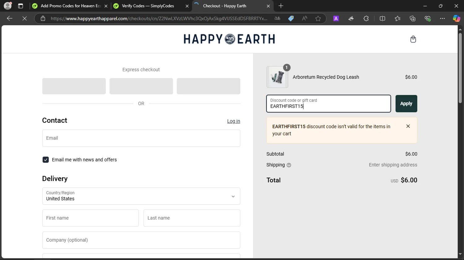 Happy Earth Apparel promo code screenshot showing code EARTHFIRST15 applied at Happy Earth Apparel checkout page. Uploaded by SimplyCodes community member SmartScholar9589 on Jan 10, 2025