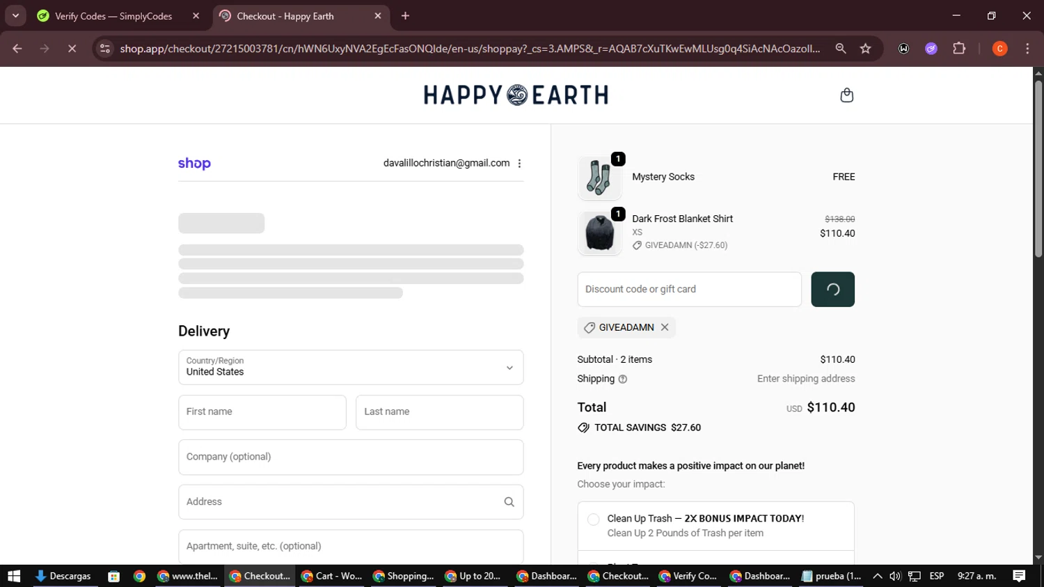 Happy Earth Apparel checkout page showing Happy Earth Apparel promo code box | Screenshot taken by SimplyCodes community member on Dec 16, 2025