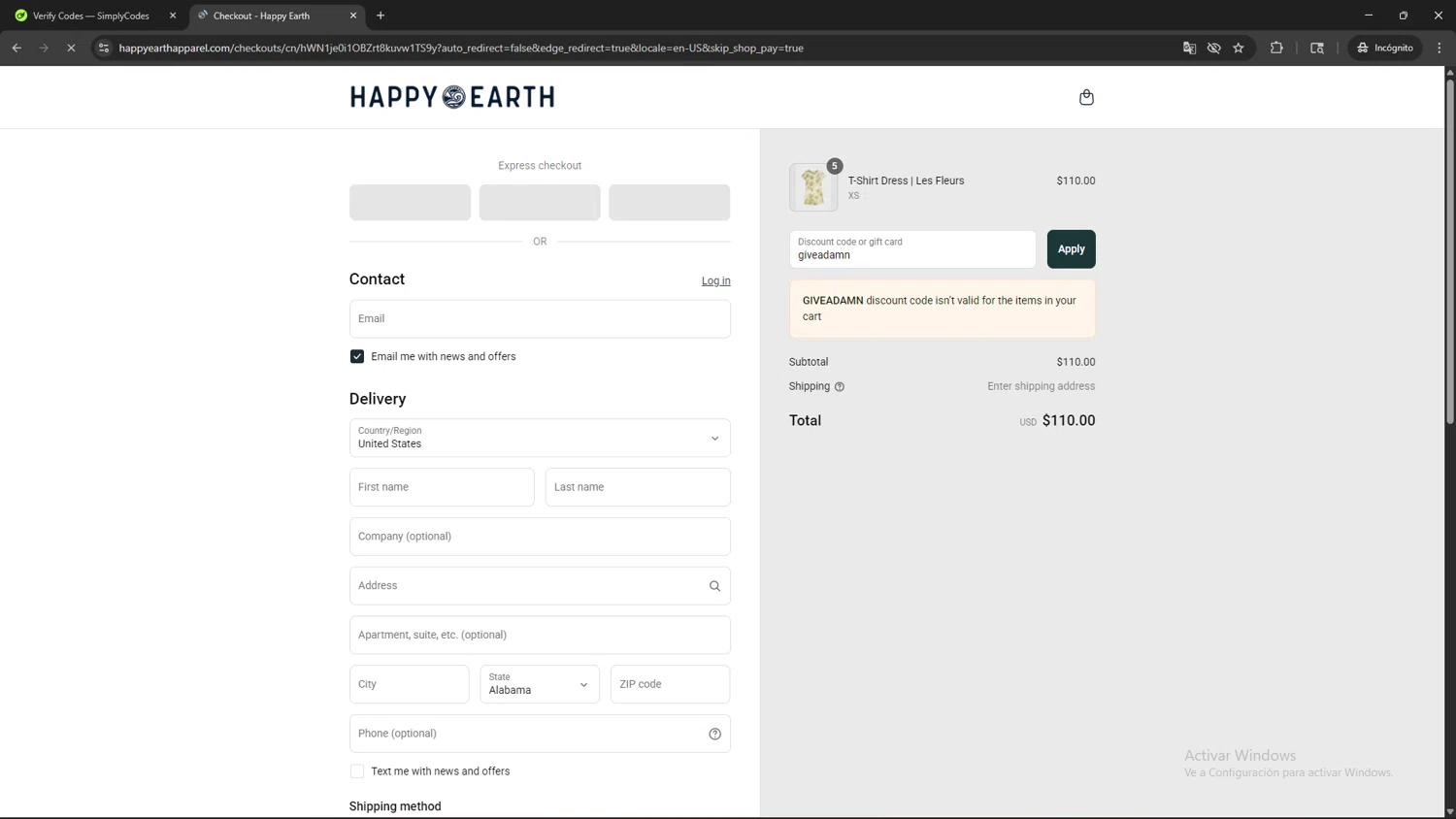 Happy Earth Apparel promo code screenshot showing code giveadamn applied at Happy Earth Apparel checkout page. Uploaded by SimplyCodes community member SAKURA on Aug 13, 2025