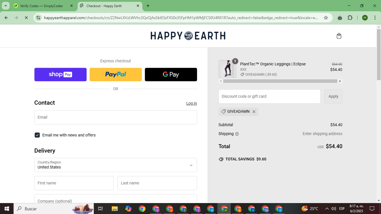 Happy Earth Apparel promo code screenshot showing code giveadamn applied at Happy Earth Apparel checkout page. Uploaded by SimplyCodes community member CoinSage7057 on Feb 6, 2025