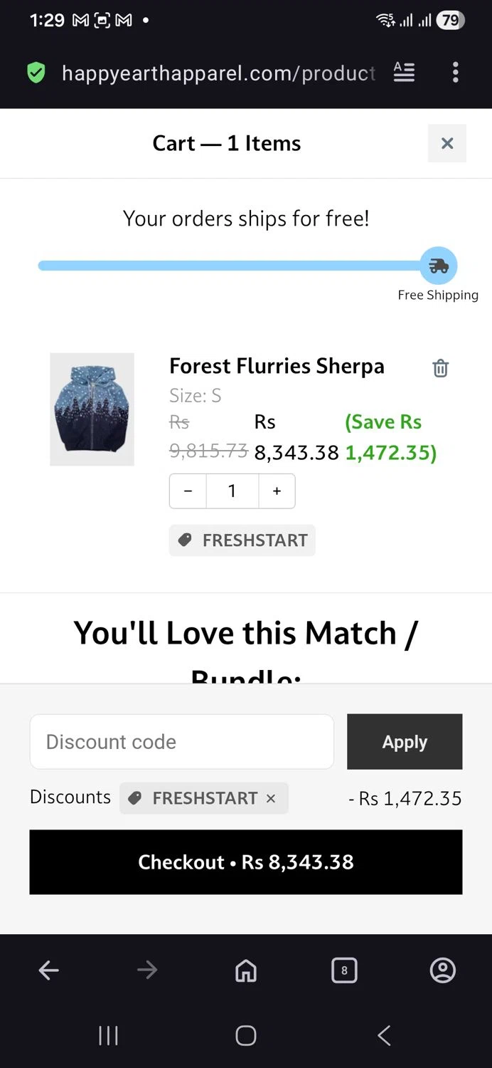 Happy Earth Apparel promo code screenshot showing code FRESHSTART applied at Happy Earth Apparel checkout page. Uploaded by SimplyCodes community member vida5254427716958 on Dec 30, 2025
