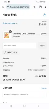 Happy Fruit coupon verification screenshot