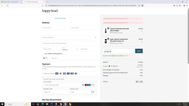 Happy Head checkout page showing Happy Head coupon code box | Screenshot taken by SimplyCodes community member on Sep 2, 2025