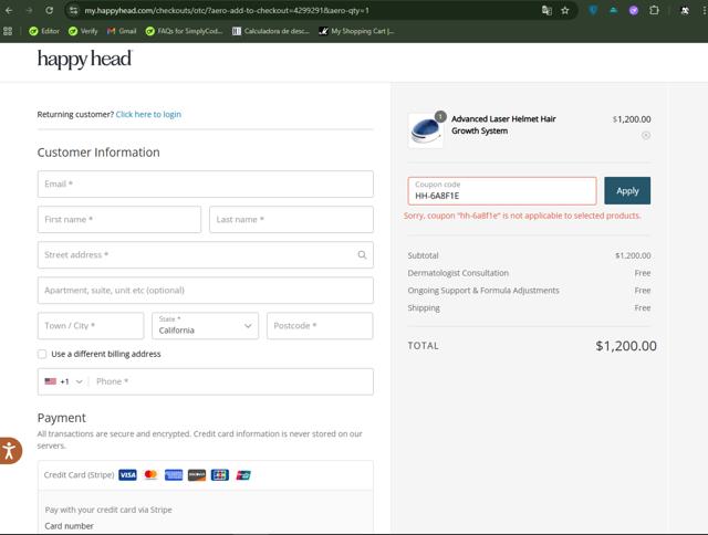 Happy Head checkout page showing Happy Head coupon code box | Screenshot taken by SimplyCodes community member on Sep 3, 2025