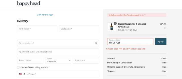 Happy Head checkout page showing Happy Head coupon code box | Screenshot taken by SimplyCodes community member on Sep 5, 2025