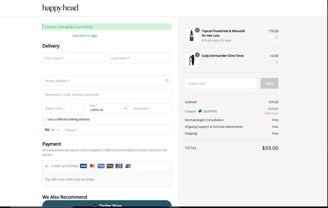 Happy Head checkout page showing Happy Head coupon code box | Screenshot taken by SimplyCodes community member on Sep 12, 2025