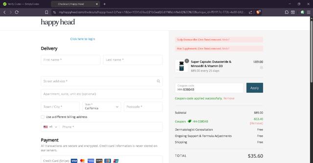 Happy Head checkout page showing Happy Head coupon code box | Screenshot taken by SimplyCodes community member on Sep 2, 2025