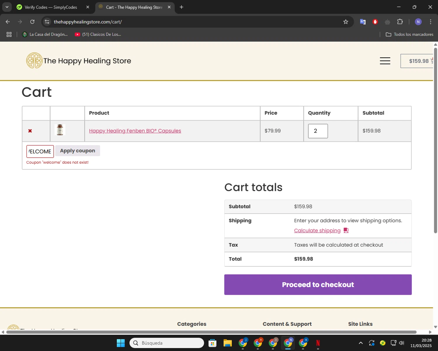 The Happy Healing Store coupon code screenshot showing code WELCOME applied at The Happy Healing Store checkout page. Uploaded by SimplyCodes community member RoyalGuardian2978 on Mar 12, 2025