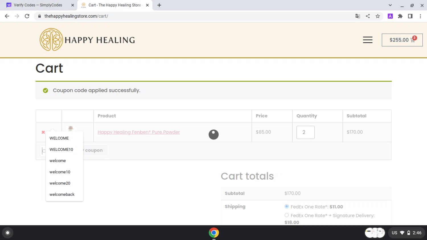 The Happy Healing Store checkout page showing The Happy Healing Store coupon code box | Screenshot taken by SimplyCodes community member on Mar 14, 2024