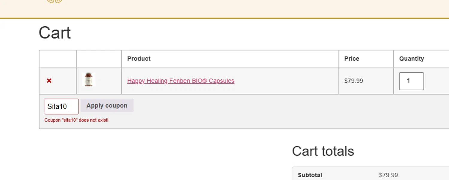 The Happy Healing Store coupon code screenshot showing code Sita10 applied at The Happy Healing Store checkout page. Uploaded by SimplyCodes community member WiseLegend5590 on Mar 20, 2025