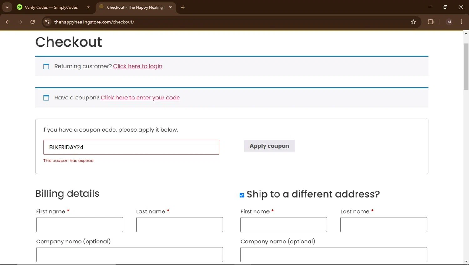 The Happy Healing Store coupon code screenshot showing code BLKFRIDAY24 applied at The Happy Healing Store checkout page. Uploaded by SimplyCodes community member Carrillojose on Feb 21, 2025