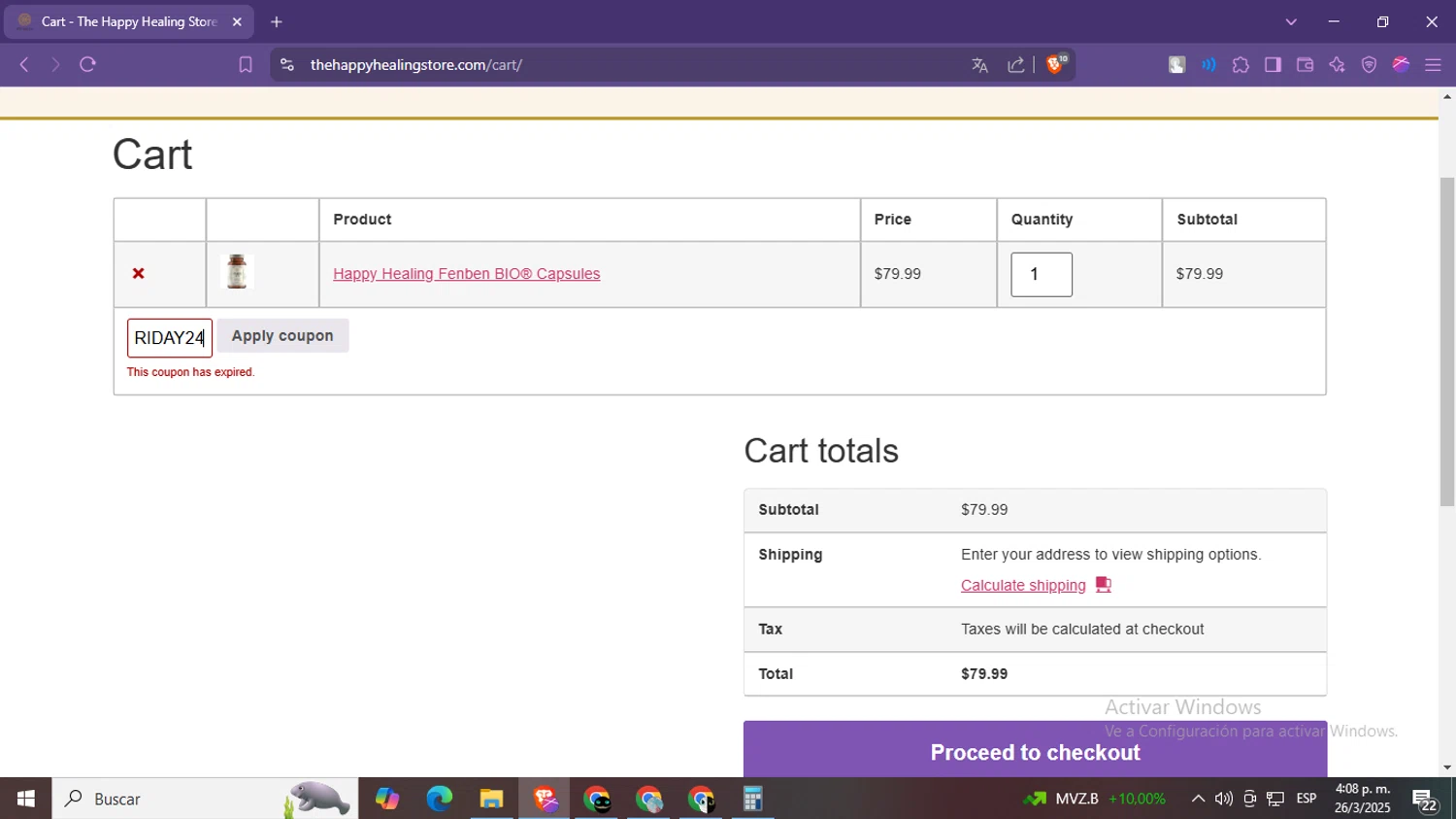 The Happy Healing Store coupon code screenshot showing code BLKFRIDAY24 applied at The Happy Healing Store checkout page. Uploaded by SimplyCodes community member LegendaryPro7106 on Mar 26, 2025