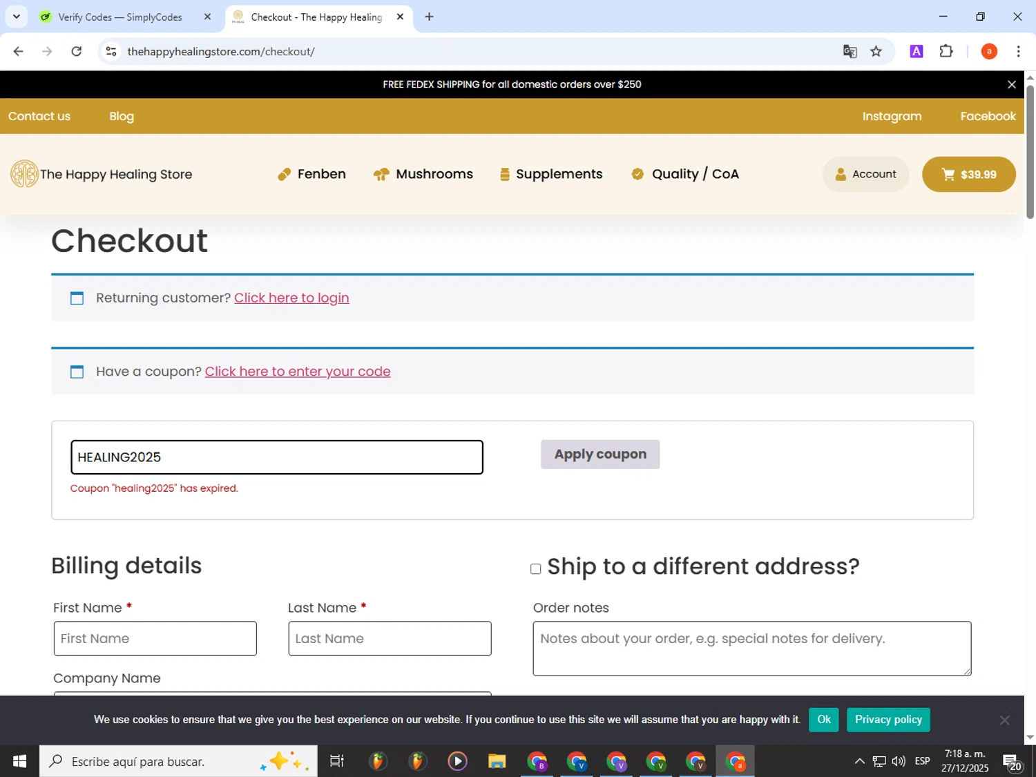 The Happy Healing Store coupon code screenshot showing code HEALING2025 applied at The Happy Healing Store checkout page. Uploaded by SimplyCodes community member partenalgas on Dec 27, 2025