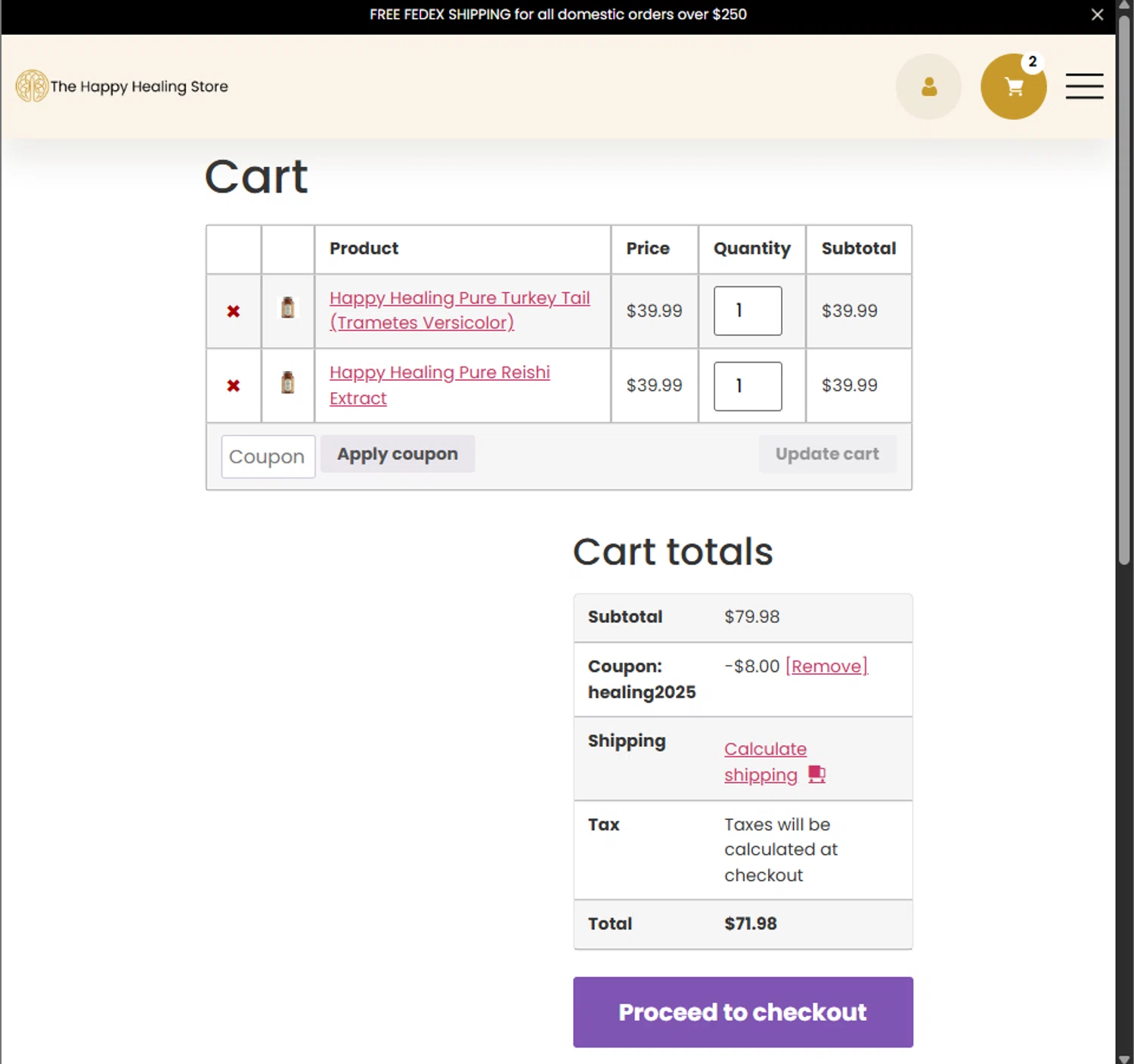 The Happy Healing Store coupon code screenshot showing code HEALING2025 applied at The Happy Healing Store checkout page. Uploaded by SimplyCodes community member PillarsofCreation on Nov 28, 2025