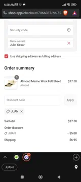 JUAN coupon verification screenshot