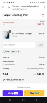 Welcome15 coupon verification screenshot