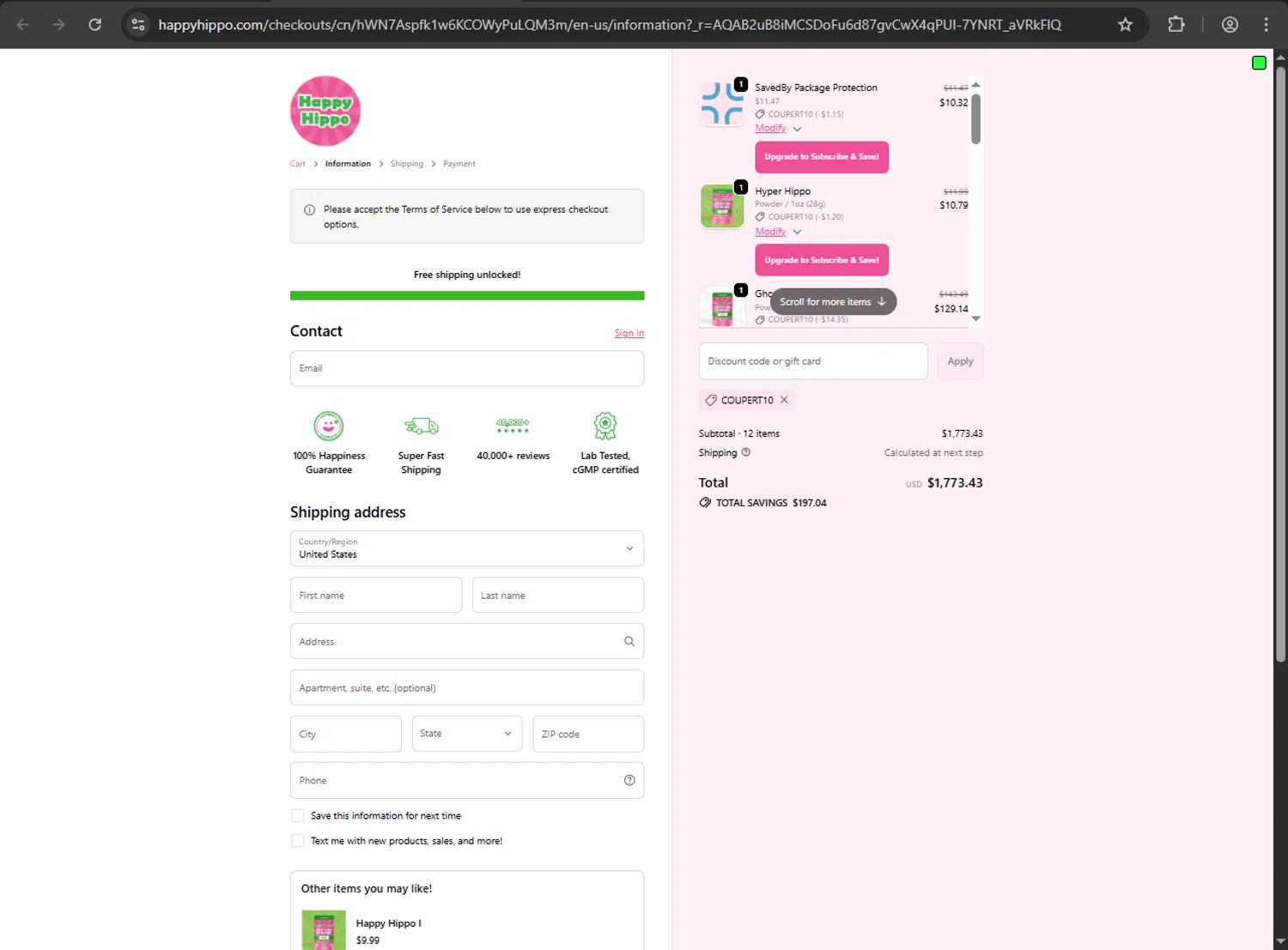 Happy Hippo promo code screenshot showing code coupert10 applied at Happy Hippo checkout page. Uploaded by SimplyCodes community member RINITOSHI on Jan 3, 2026
