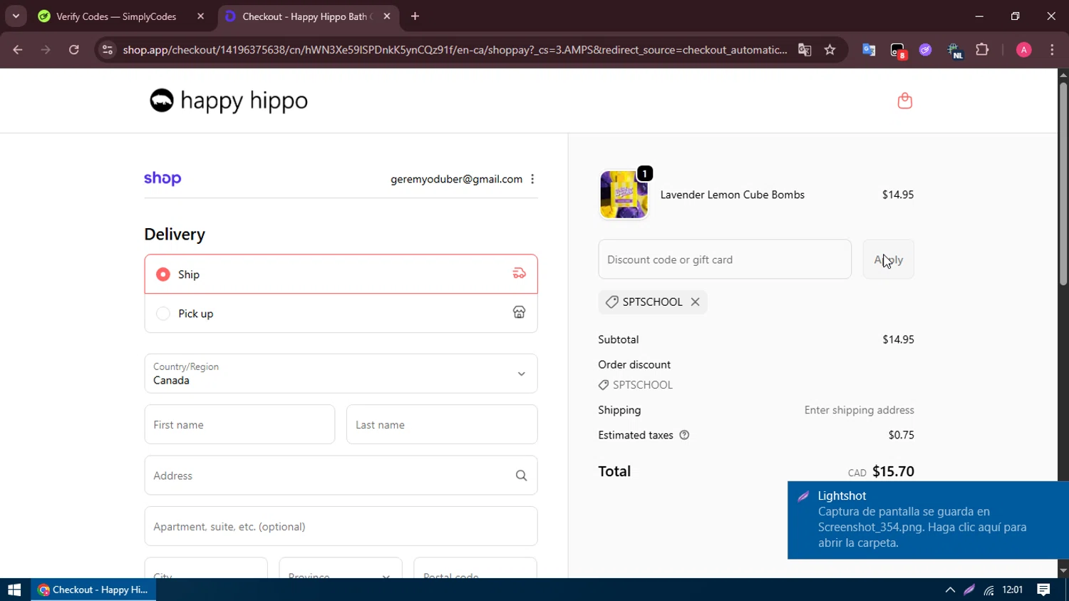 Happy Hippo Bath coupon code screenshot showing code SPTSCHOOL applied at Happy Hippo Bath checkout page. Uploaded by SimplyCodes community member MoneyHawk1631 on Sep 29, 2025