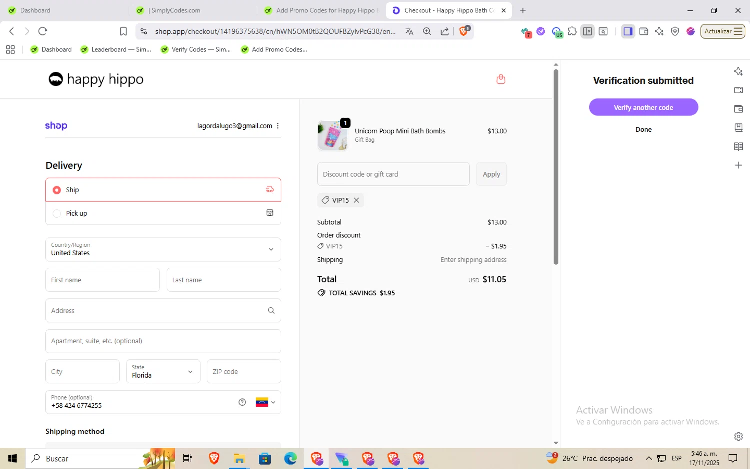 Happy Hippo Bath coupon code screenshot showing code vip15 applied at Happy Hippo Bath checkout page. Uploaded by SimplyCodes community member aaaaaaaaaaaaaaa on Nov 17, 2025