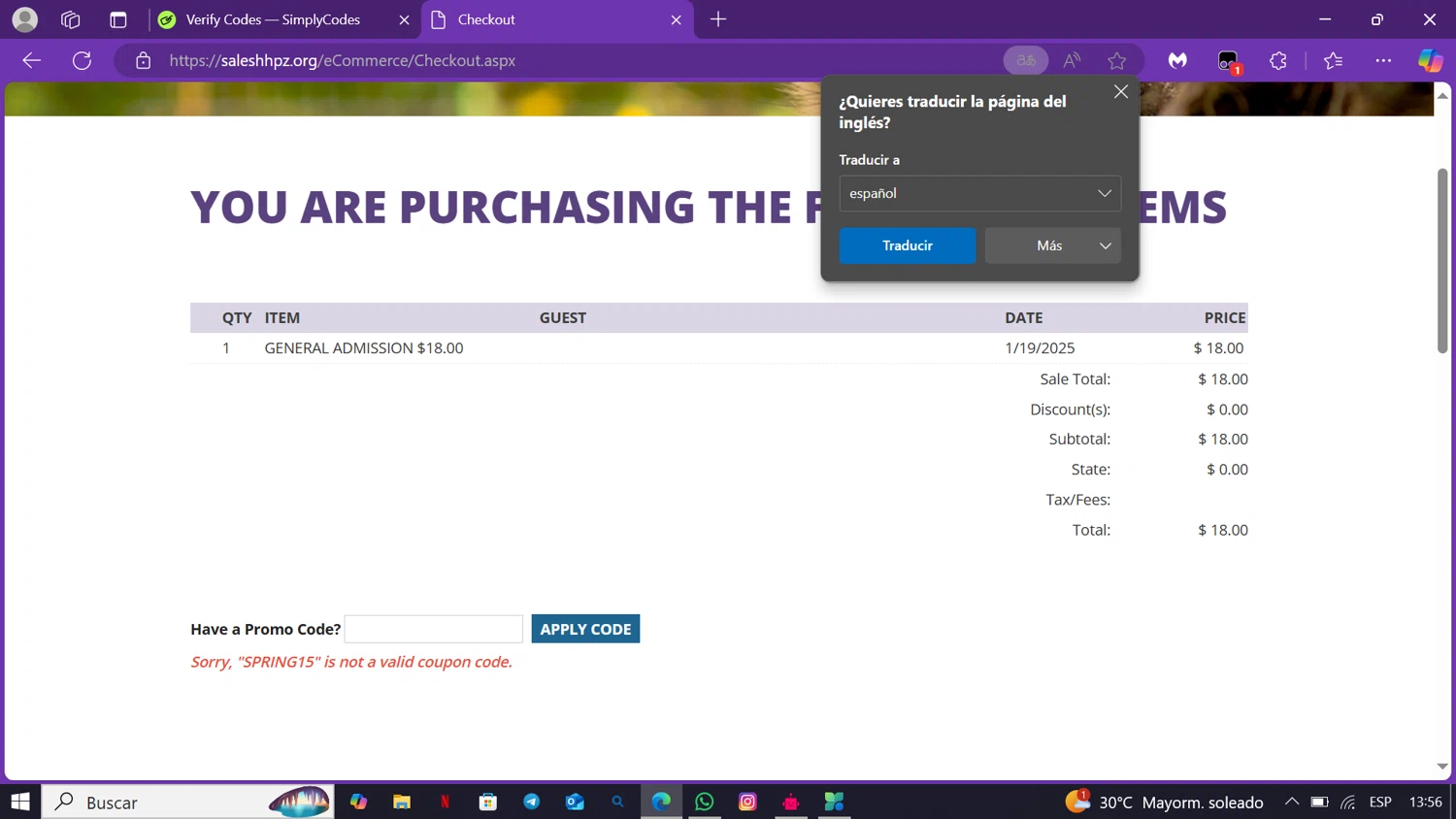 Happy Hollow Park & Zoo promo code screenshot showing code SPRING15 applied at Happy Hollow Park & Zoo checkout page. Uploaded by SimplyCodes community member Lamine_Yamal on Jan 19, 2025