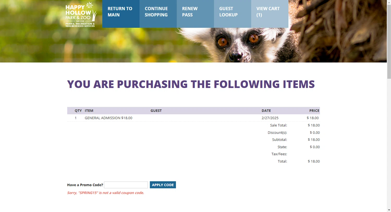 Happy Hollow Park & Zoo promo code screenshot showing code SPRING15 applied at Happy Hollow Park & Zoo checkout page. Uploaded by SimplyCodes community member GoldCurator7936 on Feb 17, 2025