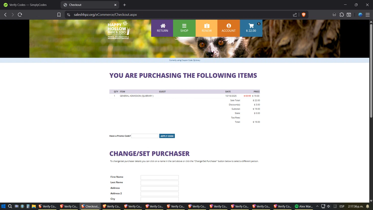 Happy Hollow Park & Zoo checkout page showing Happy Hollow Park & Zoo promo code box | Screenshot taken by SimplyCodes community member on Oct 2, 2025