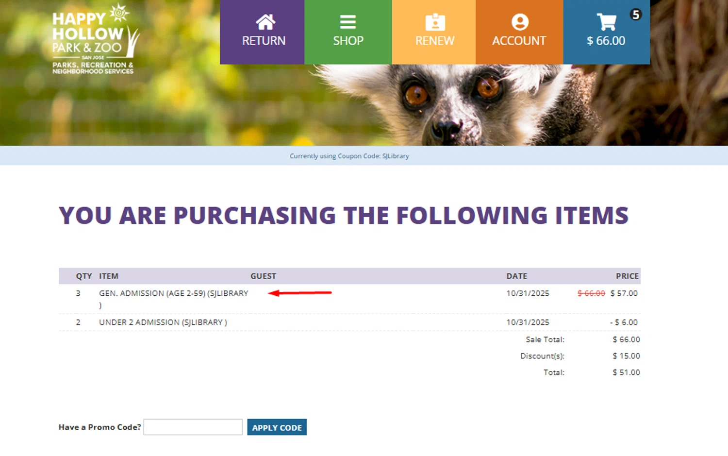 Happy Hollow Park & Zoo promo code screenshot showing code SJLibrary applied at Happy Hollow Park & Zoo checkout page. Uploaded by SimplyCodes community member SwiftShopper8601 on Oct 31, 2025