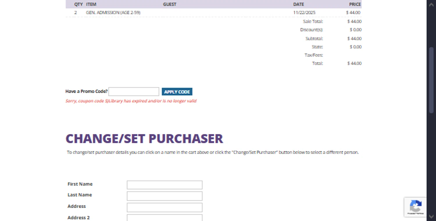 Happy Hollow Park & Zoo promo code screenshot showing code SJLibrary applied at Happy Hollow Park & Zoo checkout page. Uploaded by SimplyCodes community member TraxoGamer on Nov 22, 2025