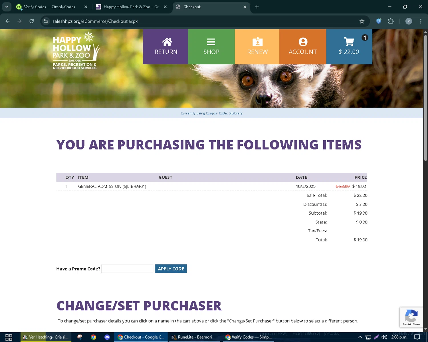 Happy Hollow Park & Zoo checkout page showing Happy Hollow Park & Zoo promo code box | Screenshot taken by SimplyCodes community member on Oct 2, 2025