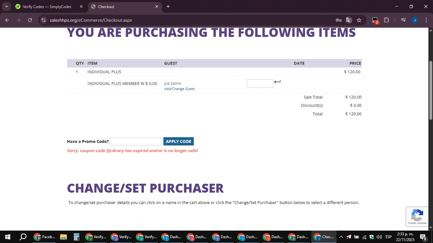 Happy Hollow Park & Zoo promo code screenshot showing code SJLibrary applied at Happy Hollow Park & Zoo checkout page. Uploaded by SimplyCodes community member noesmith34ur on Nov 22, 2025