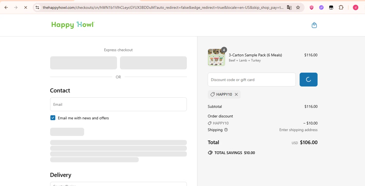 Happy Howl discount code screenshot showing code HAPPY10 applied at Happy Howl checkout page. Uploaded by SimplyCodes community member LegendaryHunter6399 on Aug 9, 2025