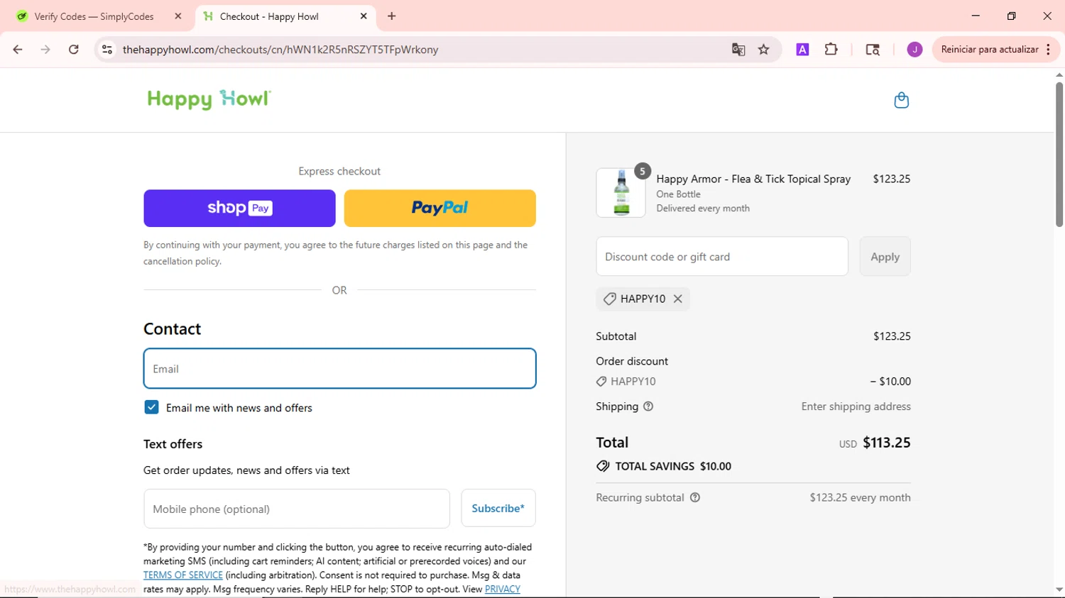 Happy Howl discount code screenshot showing code HAPPY10 applied at Happy Howl checkout page. Uploaded by SimplyCodes community member NobleSaver3560 on Aug 13, 2025