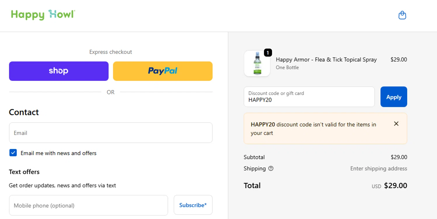 Happy Howl discount code screenshot showing code HAPPY20 applied at Happy Howl checkout page. Uploaded by SimplyCodes community member RewardCurator5232 on Nov 30, 2025