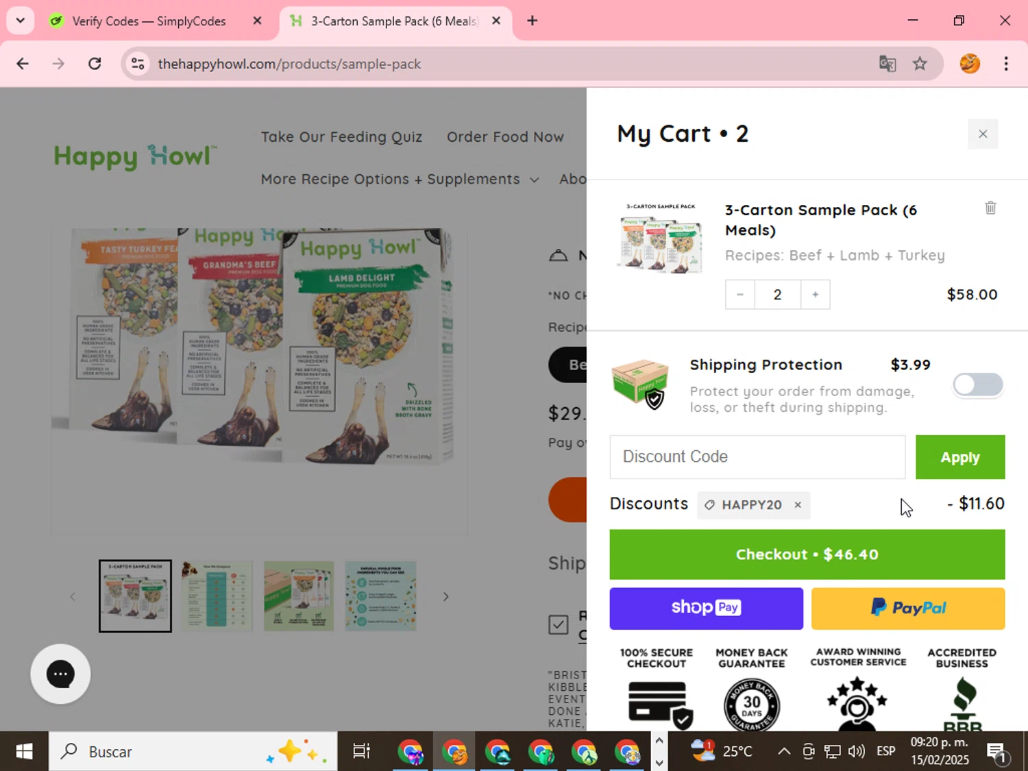 Happy Howl discount code screenshot showing code HAPPY20 applied at Happy Howl checkout page. Uploaded by SimplyCodes community member ingri96 on Feb 16, 2025