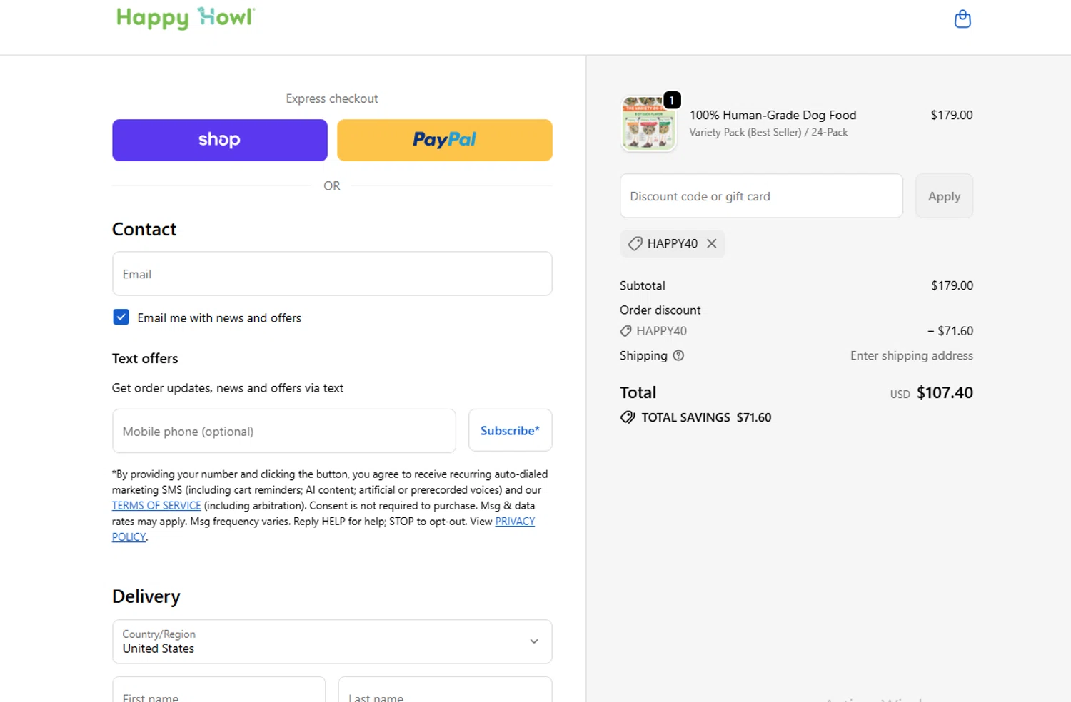 Happy Howl discount code screenshot showing code HAPPY40 applied at Happy Howl checkout page. Uploaded by SimplyCodes community member Powerrangerazul on Nov 14, 2025