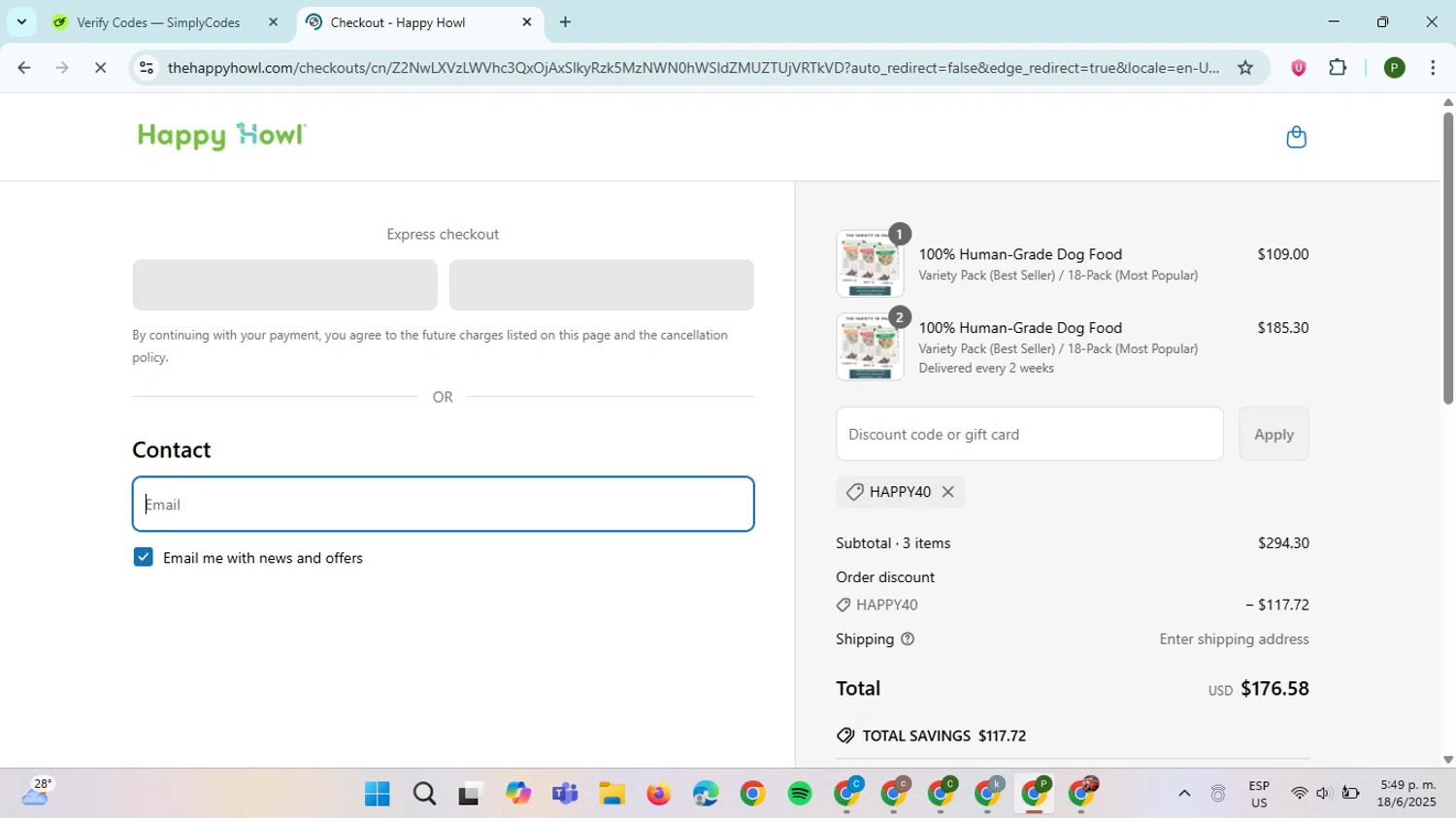 Happy Howl discount code screenshot showing code HAPPY40 applied at Happy Howl checkout page. Uploaded by SimplyCodes community member ThriftySpotter5396 on Jun 18, 2025