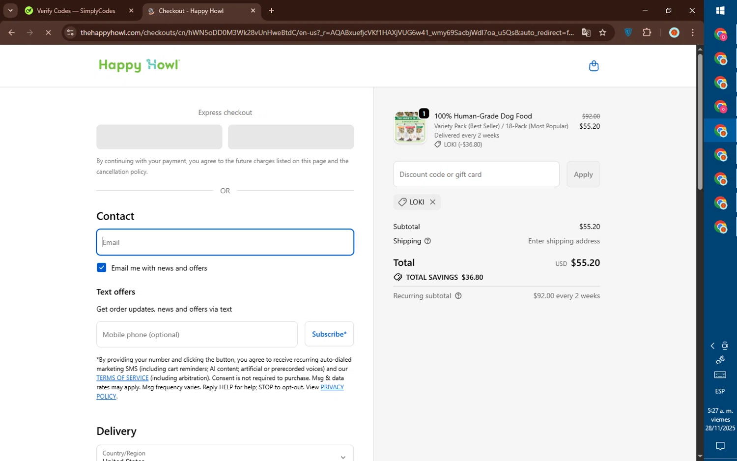Happy Howl discount code screenshot showing code LOKI applied at Happy Howl checkout page. Uploaded by SimplyCodes community member DealElite4728 on Nov 28, 2025