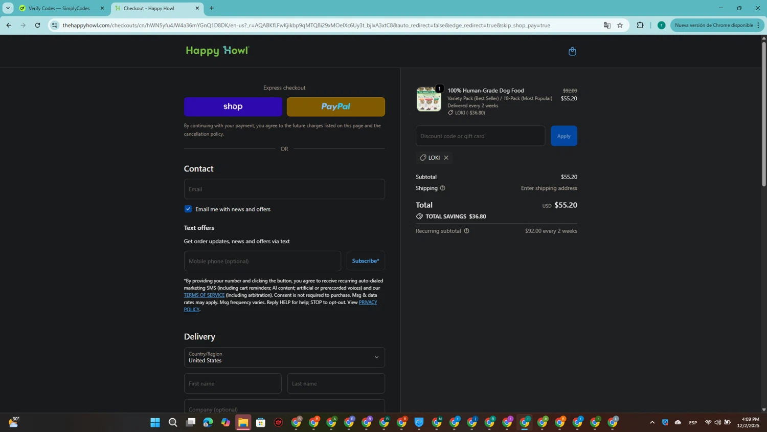 Happy Howl discount code screenshot showing code LOKI applied at Happy Howl checkout page. Uploaded by SimplyCodes community member SavingsRanger5017 on Dec 2, 2025