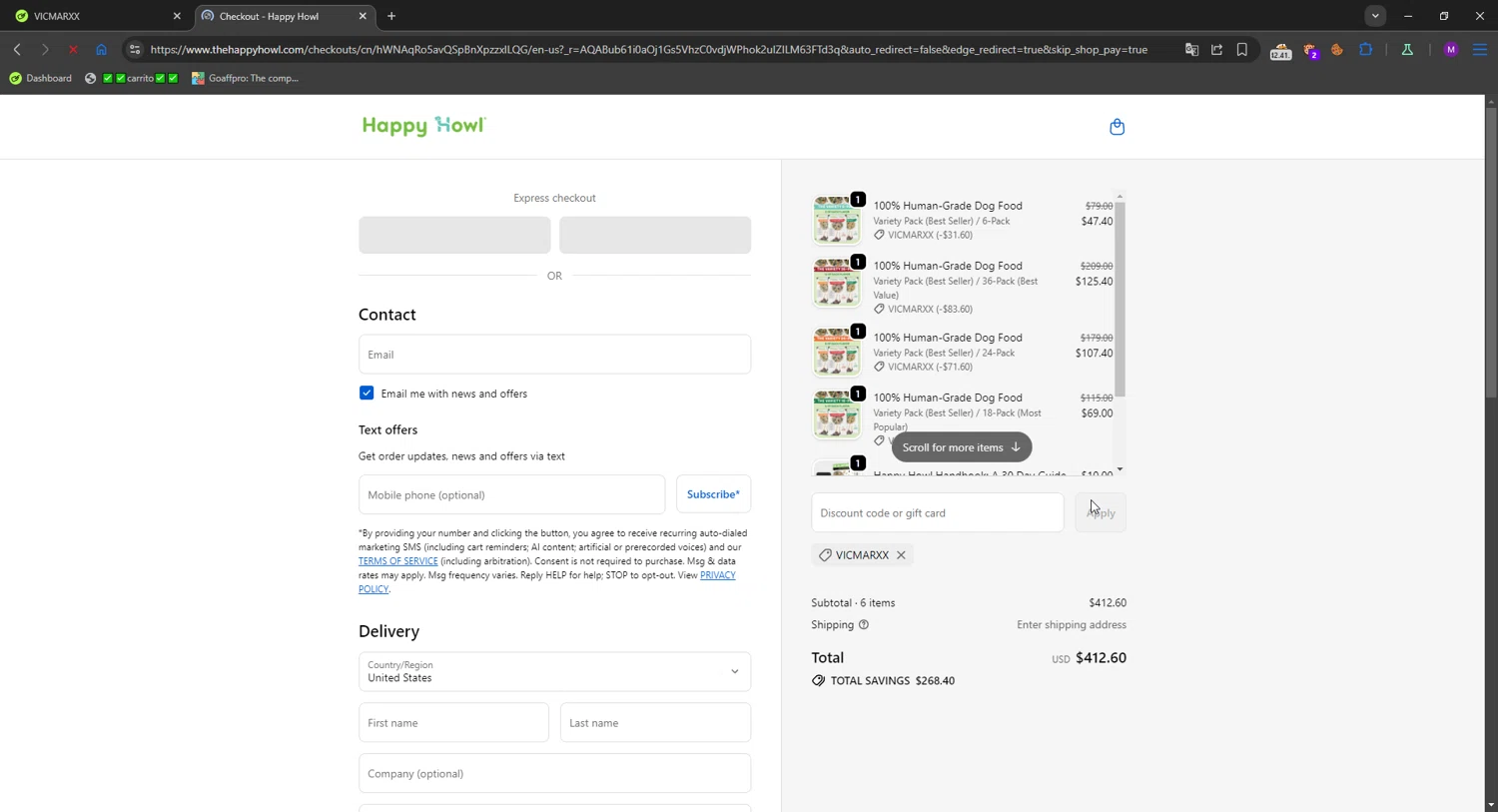 Happy Howl promo code screenshot showing code VICMARXX applied at Happy Howl checkout page. Uploaded by SimplyCodes community member MACKter54644 on Apr 10, 2026