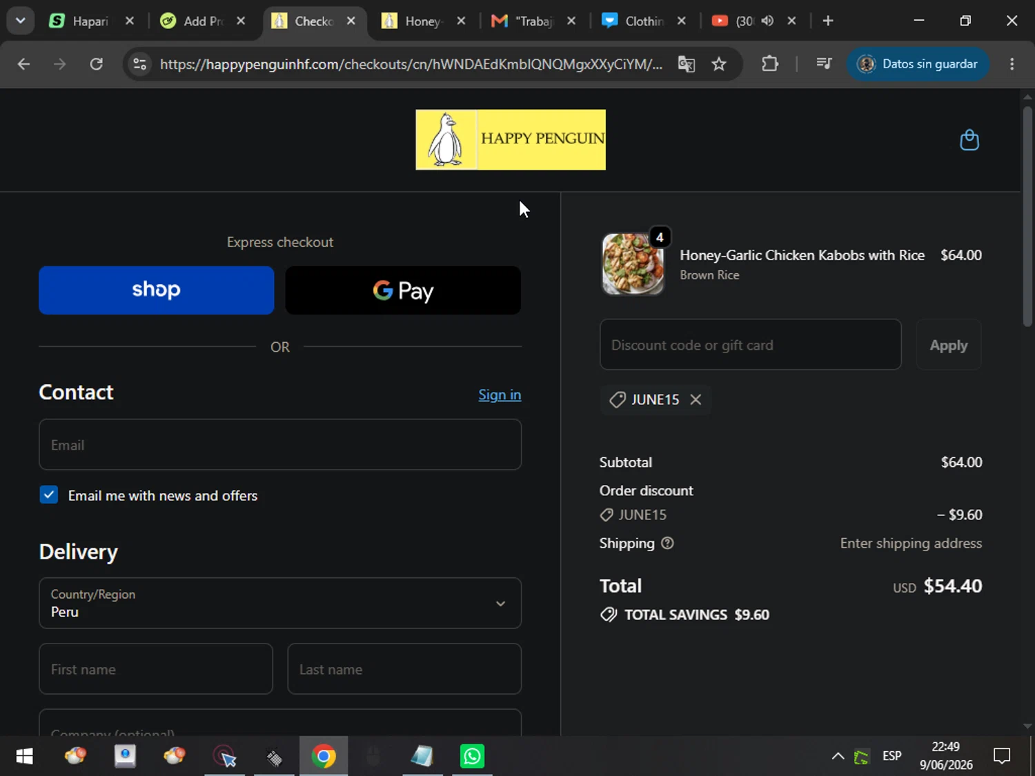 Happy Penguin Healthy Food promo code screenshot showing code JUNE15 applied at Happy Penguin Healthy Food checkout page. Uploaded by SimplyCodes community member MarcosAranguren on Jun 10, 2026