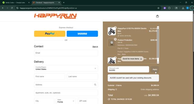 HappyrunSports checkout page showing HappyrunSports promo code box | Screenshot taken by SimplyCodes community member on Sep 12, 2025