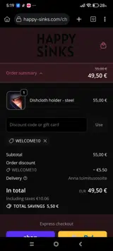 WELCOME10 coupon verification screenshot