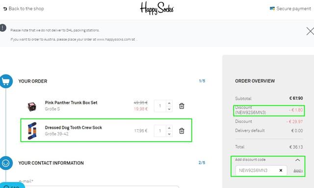 Happy Socks checkout page showing Happy Socks discount code box | Screenshot taken by SimplyCodes community member on Oct 21, 2020