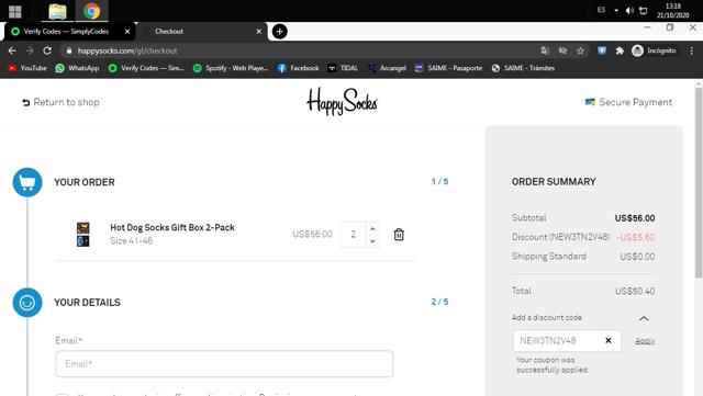 Happy Socks checkout page showing Happy Socks discount code box | Screenshot taken by SimplyCodes community member on Oct 21, 2020
