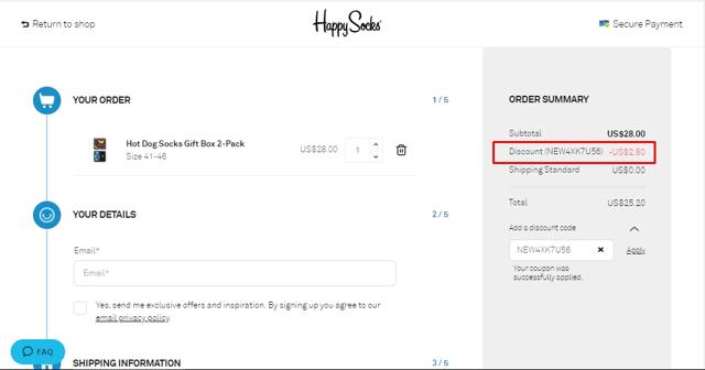 Happy Socks checkout page showing Happy Socks discount code box | Screenshot taken by SimplyCodes community member on Oct 21, 2020