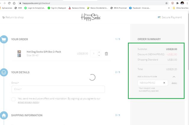 Happy Socks checkout page showing Happy Socks discount code box | Screenshot taken by SimplyCodes community member on Oct 21, 2020