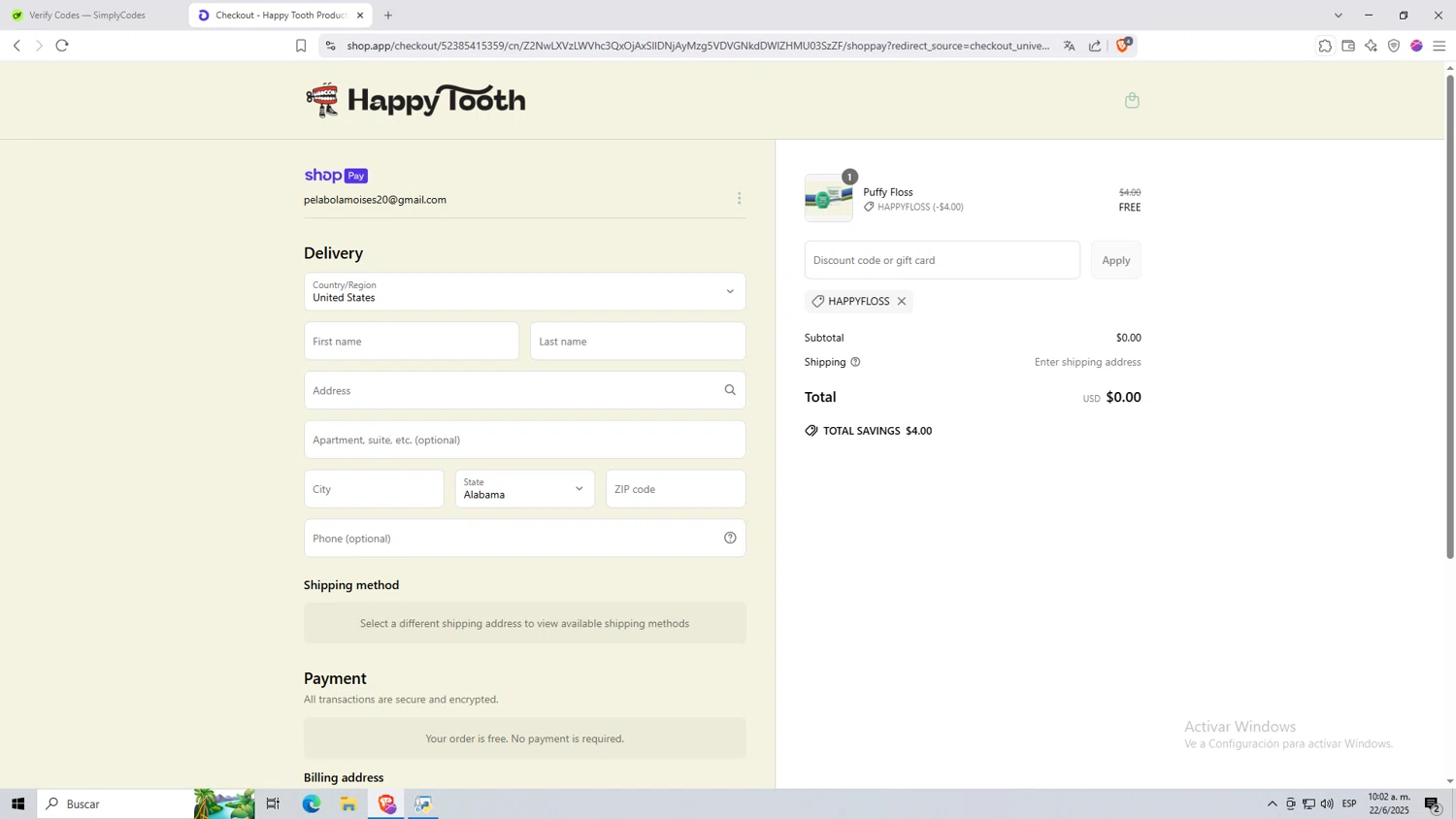 Happy Tooth discount code screenshot showing code HAPPYFLOSS applied at Happy Tooth checkout page. Uploaded by SimplyCodes community member Monitos on Jun 22, 2025